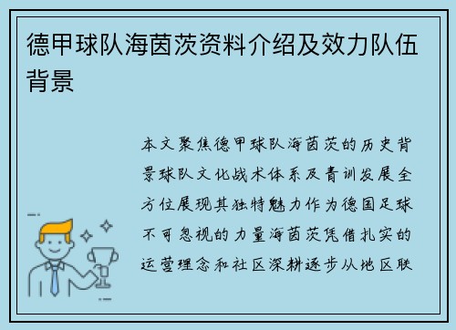 德甲球队海茵茨资料介绍及效力队伍背景