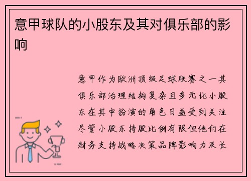 意甲球队的小股东及其对俱乐部的影响